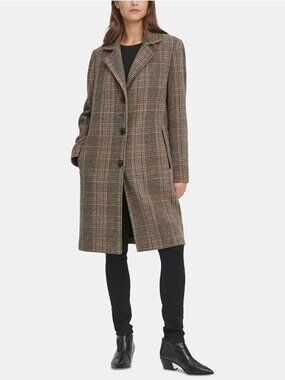 DKNY Plaid Wool Blend Walker Top Coat XS P